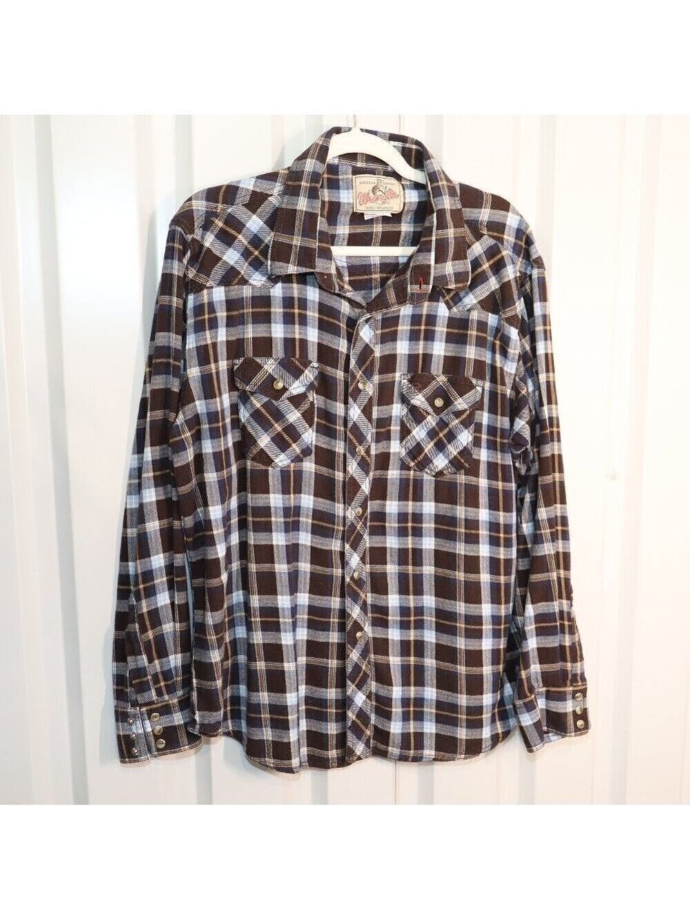 Wrangler Mens Vintage Pearl Snap Cotton Flannel Plaid Brown Blue Shirt Size XL